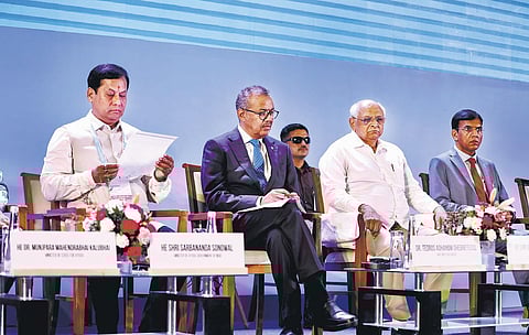 WHO DG Tedros Adhanom Ghebreyesus with Union ministers Sarbananda Sonowal and Bhupendra Patel at WHO Traditional Medicine Global Summit on Thursday. (PTI)