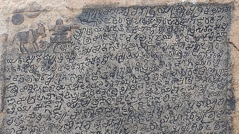 Stone inscription from 11th Century belonging to Kalyanin Chalukyan era found in Ummeda village of Nandipet mandal in Nizamabad district. (Photo | Express)
