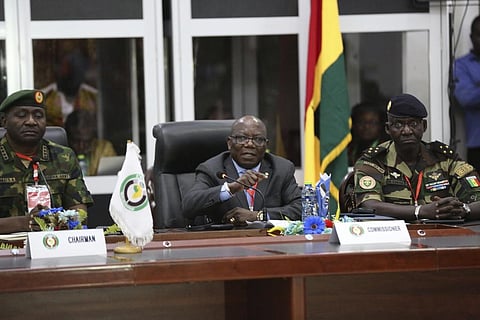 ECOWAS commissioner Abdel-Fatau Musah (C) speaks during a meeting of the ECOWAS Committee of Chiefs of the Defence Staff, in Accra, Ghana, Friday, Aug. 18, 2023. (Photo | AP)