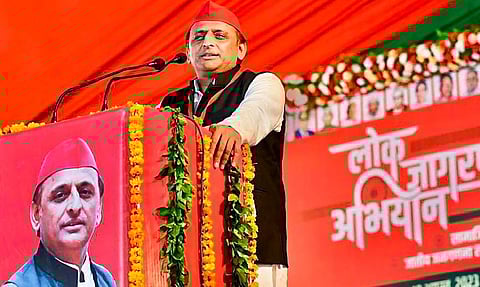 Samajwadi Party President Akhilesh Yadav speaks during a public meeting under 'Lok Jagran Abhiyan', in Fatehpur, Friday, Aug. 18, 2023. (Photo | PTI)