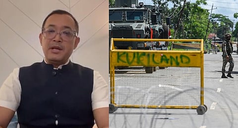 A collage of BJP's Meiti MLA Rajkumar Imo Singh and security forces patrolling a Kuki stronghold in Churachandpur district, Manipur. (Photos | Twitter, AFP)