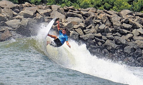 Kian Martin navigating the waves in Mahabalipuram, Chennai, on Friday.