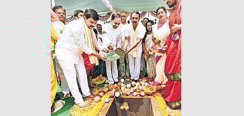 Chief Minister K Chandrasekhar Rao lays the foundation stone for the 1,000-bed TIMS Super Specialty Hospital at Gaddiannaram last year. (File photo)
