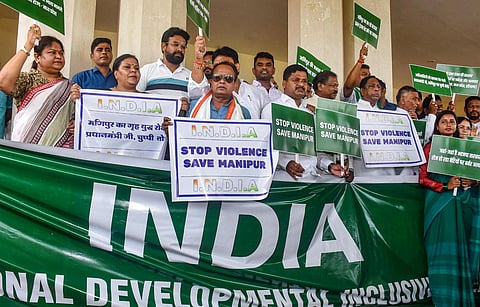 INDIA alliance MLAs stage a protest against Prime Minister Narendra Modi over ethnic violence in Manipur, in Ranchi, Monday, July 31, 2023. (PTI)