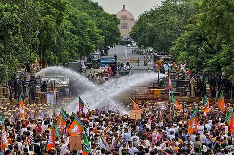 BJP leaders and workers protest against the state government over various issues under 'Nahi Sahega Rajasthan' slogan, at Statue Circle, in Jaipur, Tuesday, Aug. 1, 2023. (Photo | PTI)