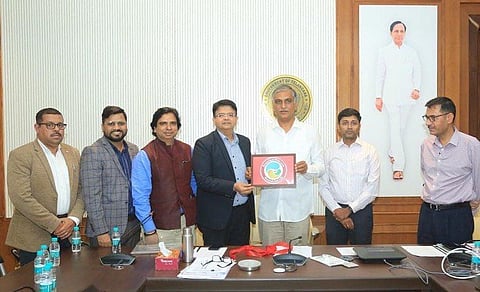 Health Minister T Harish Rao unveils logo celebrating 'World Breastfeeding Week'. (Photo | Twitter)