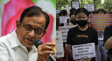 A collage of Congress leader P Chidambaram (L) and a Kuki demonstration against the ethnic violence in Manipur. (Photos | PTI, AP)