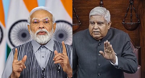A collage of PM Narendra Modi and Rajya Sabha Chairman Jagdeep Dhankhar, used for representational purposes only. (Photo | PTI)