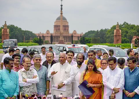 Congress President Mallikarjun Kharge with MPs from the 'INDIA' bloc after a meeting with President Droupadi Murmu at Rashtrapati Bhavan, in New Delhi, Wednesday, Aug. 2, 2023. (Photo | PTI)