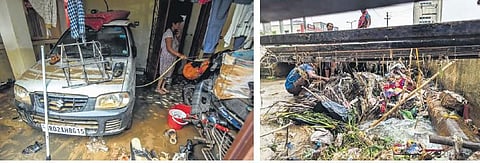 (Left) A resident of Rajiv Nagar cleans her house after water recedes on Tuesday (Right) Workers clean a clogged drain at Soubhagya Nagar in Bhubaneswar | DEBADATTA MALLICK