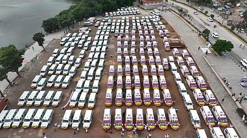 The ambulances lined up before they were flagged off on Tuesday. (Photo | Express)