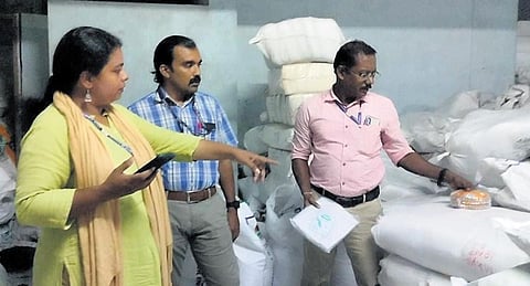 The district enforcement squad conducting inspection at the wholesale shop selling banned plastic products in Thiruvananthapuram on Saturday