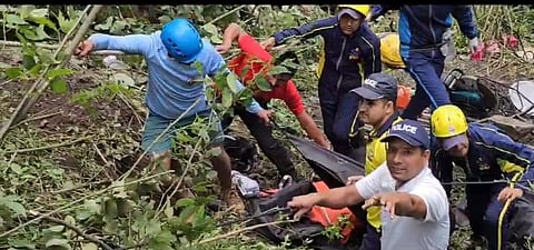Rescue workers at the bus accident site in Uttarkashi district of Uttarakhand, August 20, 2023. (Photo | Special Arrangement)
