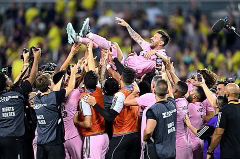 Teammates hold up Inter Miami's Argentine forward Lionel Messi as they celebrate after winning the Leagues Cup final football match against Nashville SC. (Photo | AFP)