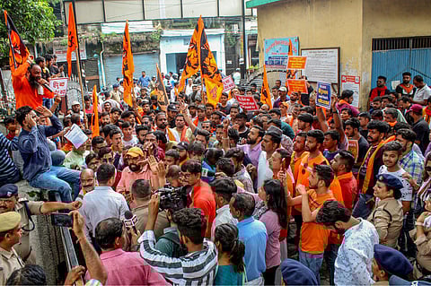 Vishva Hindu Parishad (VHP) and Bajrang Dal supporters protest following the violence at Nuh in Haryana on July 31, 2023. (Photo | ANI)