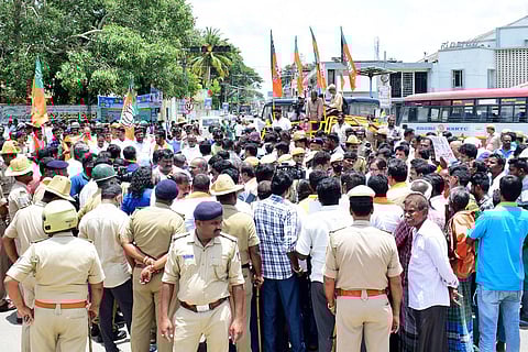 BJP cadres protest against the release of Cauvery water to Tamil Nadu, in Mandya. (Photo |  Express)