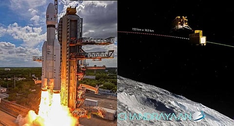 (L) The Chandrayaan-3's LVM3 M4 vehicle launches from Shriharikota. (R) Chandrayaan-3's landing module (LM) successfully separated from the propulsion module. (Photos | PTI)