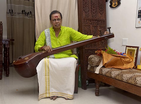 Poet, lyricist and composer  R K  Damodaran at his home in Kochi. (Photo  |  A Sanesh)