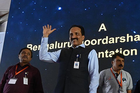 ISRO Chairman S Somanath acknowledges the gathering before addressing the media after the successful soft landing of Chandrayaan-3. (Photo | Shashidhar Byrappa)