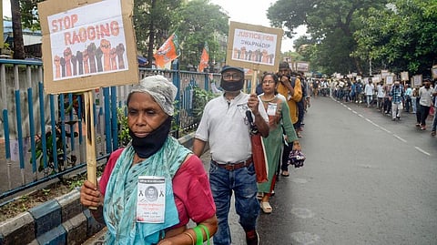 People participate in a rally protesting the death of first-year undergraduate student Swapnadeep Kundu in Kolkata, on 16 August 2023. (ANI)