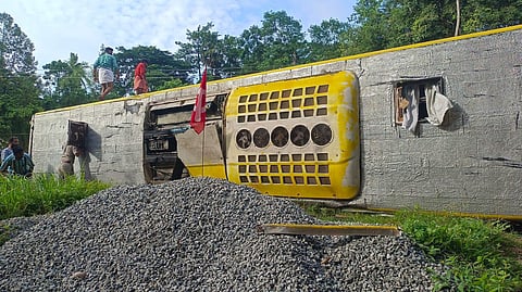 The Kallada bus that overturned at Thiruvazhiyode junction on the Palakkad—Cherpulassery stretch  on August 23, 2023. (Express)