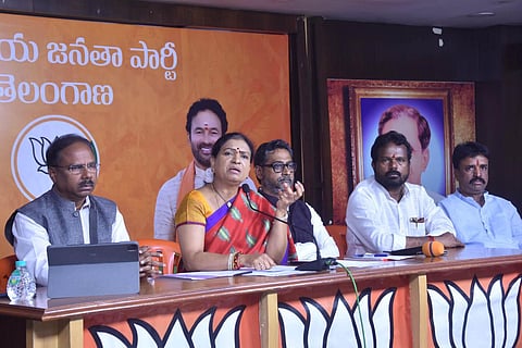 DK Aruna BJP National Vice President addressing media during a press conference at BJP State office Nampally in Hyderabad on Tuesday. (Photo | Express)