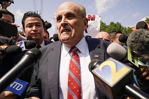 Former New York City Mayor and lawyer Rudy Giuliani speaks at the Fulton County jail, Wednesday, Aug. 23, 2023, in Atlanta. (Photo | AP)