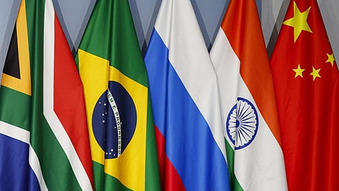 A general view of flags of (From L to R) South Africa, Brazil, Russia, India and China during a BRICS Summit in 2023.