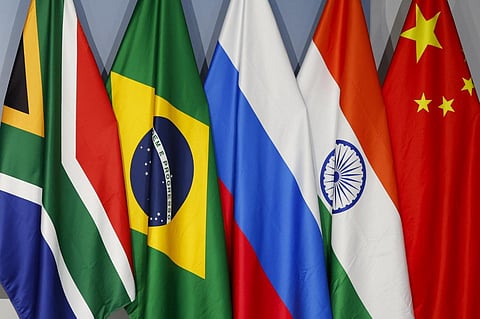 A general view of flags of (From L to R) South Africa, Brazil, Russia, India and China during the 2023 BRICS Summit at the Sandton Convention Centre in Johannesburg on August 24, 2023. (Photo | AFP)