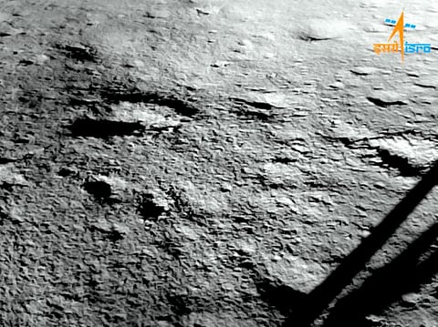 Lander Imager Camera of ISRO's Chandrayaan-3 captures a portion of its landing site on the surface of the Moon after its successful descent, in Bengaluru, Aug 23, 2023. (Photo | PTI)