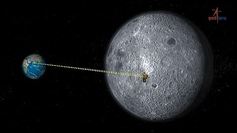 Representational image: A view of the Earth and Moon during the Chandrayaan-3 lander Vikram to touchdown on the Moon's South Pole, on Wednesday. (Photo | ANI)
