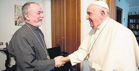 Papal delegate Archbishop Cyril Vasil meets Pope Francis at the Vatican. (Photo | Express)