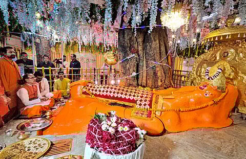 Madhya Pradesh Chief Minister Shivraj Singh Chouhan offers prayers during the 'Bhumi Pujan' of Hanuman Lok, in Chhindwara district, Aug. 24, 2023. (PTI)