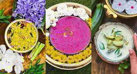 Chenathandum Cherupayar Thoran, Dragon Fruit Nurukku Gothamb Payasam and Zucchini Olan. (Photo | Express)