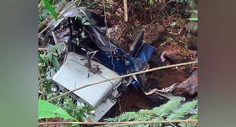 The jeep that overturned and fell into a gorge near Kannoth Hill near Thalapuzha in Mananthavady on Friday. (Photo | Express)