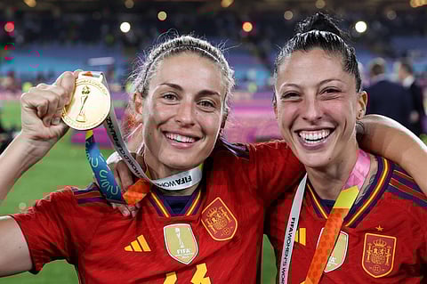 Spain's midfielders Alexia Putellas (L) and Jennifer Hermoso celebrate their victory during the 2023 Women's World Cup final football match between Spain and England on August 20, 2023. (Photo | AFP)