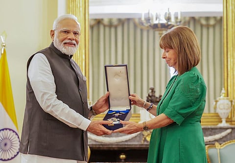 Prime Minister Narendra Modi conferred with the Grand Cross of the Order of Honour by the President of Greece Katerina Sakellaropoulou, in Athens, Friday, Aug. 25, 2023. (Photo |PTI)