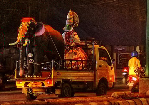 Replicas of an elephant and a kathakali artist being transported to various venues of Onam celebration. The entire city is decked up to celebrate the harvest festival. (Photo | A Sanesh)