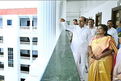 Chief Minister K Chandrasekhar Rao gives a guided tour of the Secretariat to Governor Tamilisai Soundararajan on Friday. (Photo | Express)