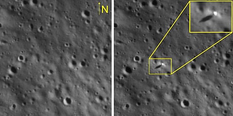 An image of lander Vikram captured by the Chandrayaan 2 orbiter Pradhan.  The picture was released by the official handle of the Chandrayaan 3 mission