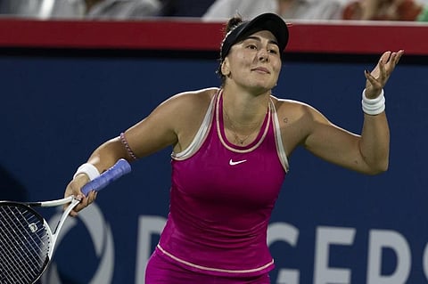 Bianca Andreescu, of Canada, reacts during her match against Camila Giorgi, of Italy, during the National Bank Open women’s tennis tournament, Aug. 8, 2023. (Photo | AP)