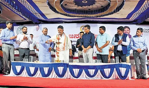 Deputy Chief Minister DK Shivakumar on stage with BJP MLA S T Somashekhar during a programme to hear grievances of residents of Yeshwanthpur on Saturday.