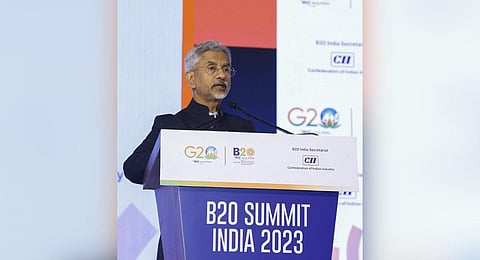 EAM S Jaishankar addresses a session on 'Role of Global South in Emerging World 2.0' at the B20 Summit India 2023, in New Delhi, Sunday, Aug. 27, 2023. (Photo | PTI)