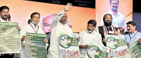 Congress president Mallikarjun Kharge and other leaders release the party’s  SC/ST Declaration during a public meeting in Chevella on Saturday