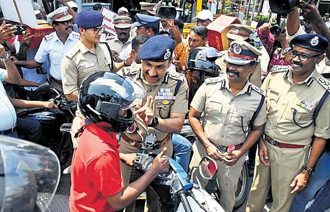 Chennai Police Commissioner Sandeep Rai Rathore advised bikers to wear helmet during the ‘Namma helmet’ awareness program | p ravikumar