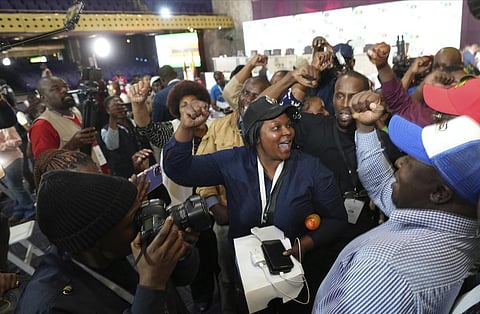 Supporters of President Emmerson Mnangagwa celebrate after he was declared the winner by the Zimbabwe Electoral Commission. (Photo | AP)