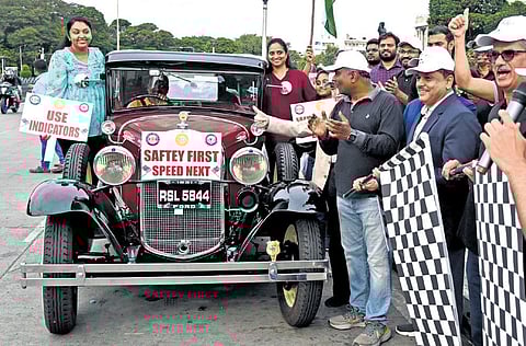 DGP CID M A Saleem flags off a car rally organised by Surgical Society of Bangalore ASICC, to create awareness on road safety, in front of Vidhana Soudha in Bengaluru. (Photo | Express)