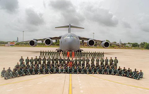 An IAF contingent departs for its maiden participation in Exercise BRIGHT STAR-23 at Cairo in Egypt on Sunday. (Photo | PTI)