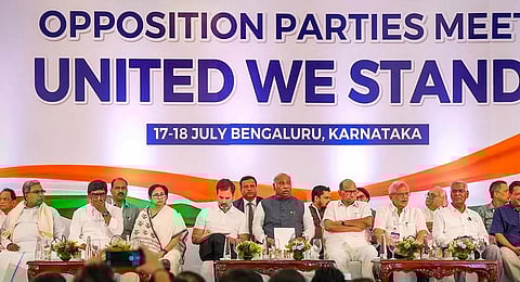 FILE - Leaders from the opposition parties at the meeting of 'INDIA' alliance in Bengaluru, July 18, 2023. (Photo | PTI)