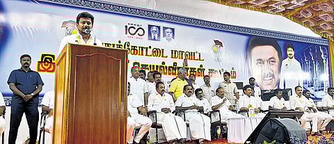 Sports Minister Udhayanidhi Stalin addressing DMK youth wing executive committee meeting in Pudukkottai on Sunday | Express